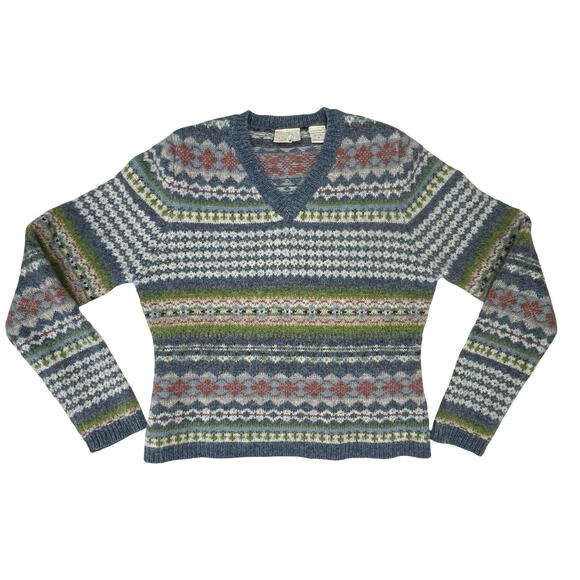 Vintage Fair Isle Wool Sweater V-Neck Nordic Knit Cozy Hygge Winter Pullover M - Picture 1 of 12